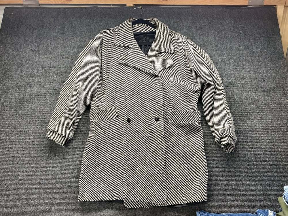 Vintage Wool Blend Herringbone Coat Size 9-10 Black White Double Breasted